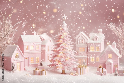 A pink Christmas scene with a white tree, pink houses, and presents.