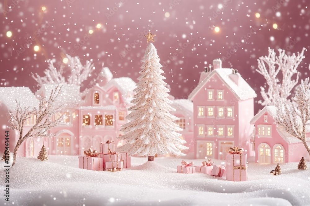 Naklejka premium A pink Christmas scene with a white tree, pink houses, and presents.
