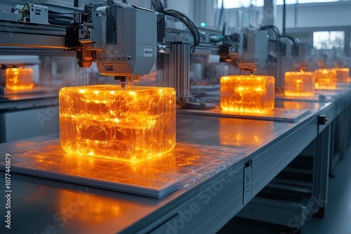 A row of automated machines 3D printing translucent orange cubes, glowing with internal light sources in a modern factory.