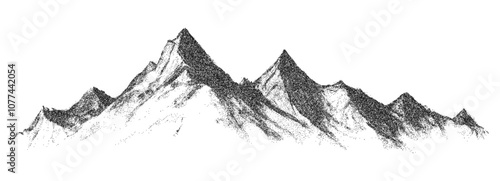 Abstract dotted mountain range in overlayed pointillist grunge texture style. Vintage photocopy of snowy range of hills, mounted landscape with grainy noise. Retro halftone vector illustration.