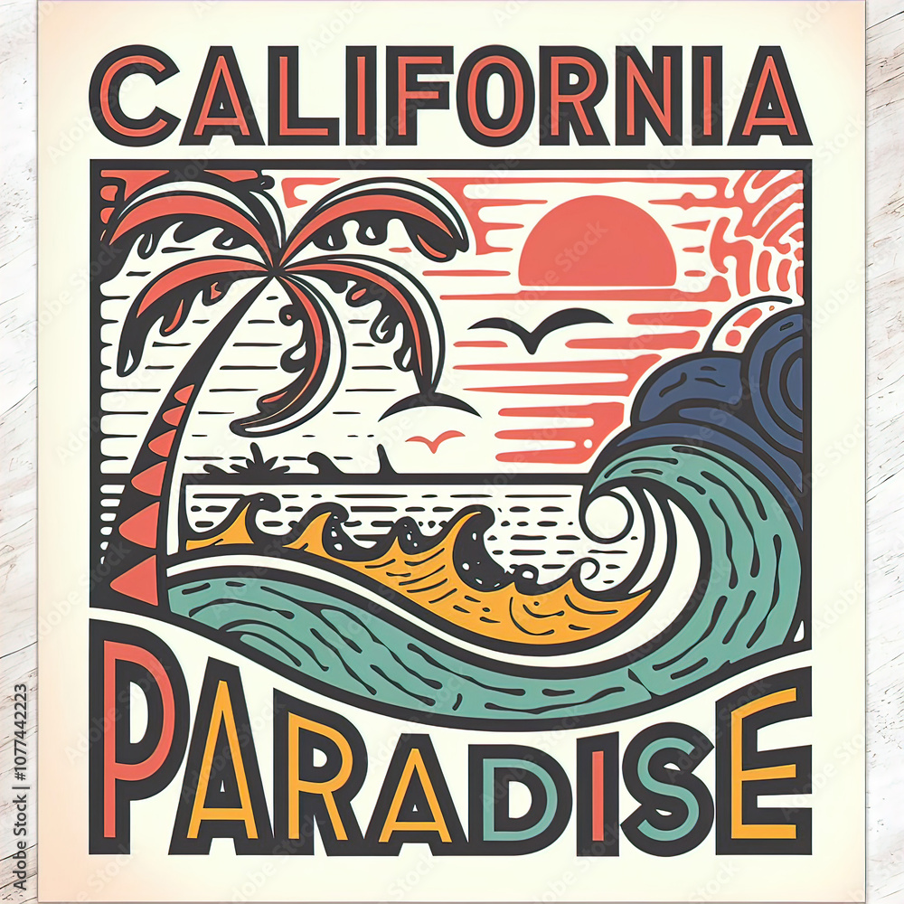 Vector design on white background, bright summer style, CALIFORNIA PARADISE, beach with palm tree, waves, for design creation. Vector design on white background, bright summer style, CALIFORNIA PARADISE, beach with palm tree, waves, for design creation.