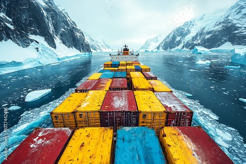 Cargo Ship Traversing Icy Waters with Snow-Covered Containers