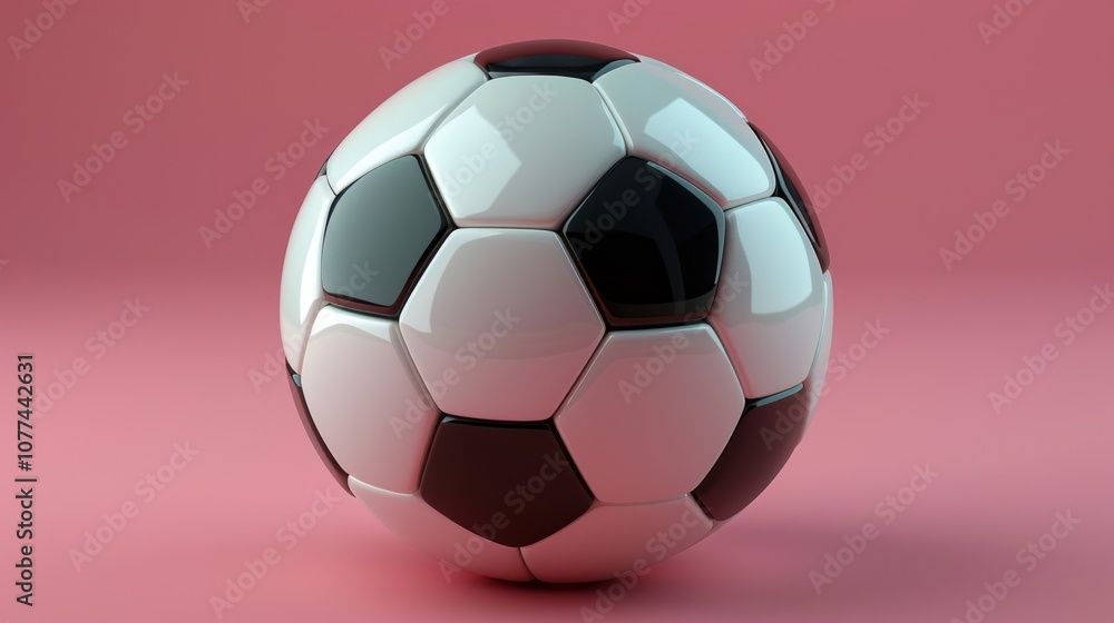 A classic black and white soccer ball against a pink background. A classic black and white soccer ball against a pink background.