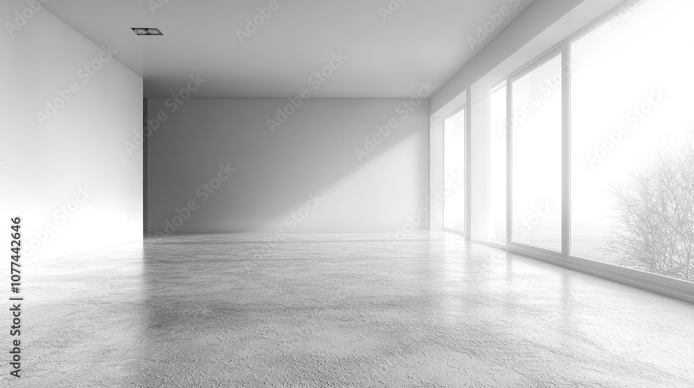 Empty white room with large windows and concrete floor. Empty white room with large windows and concrete floor.