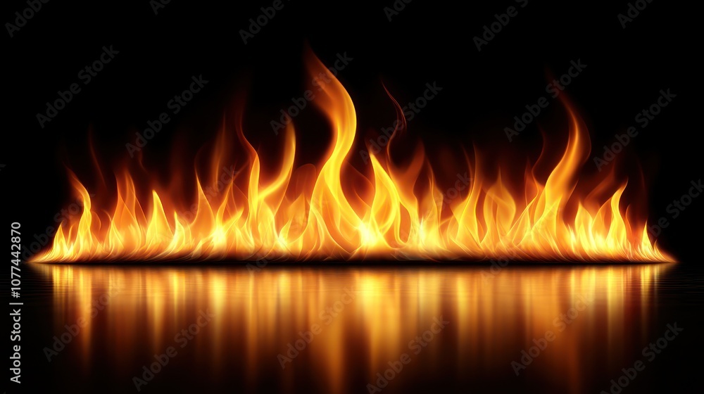 Fiery flames with reflection on a black background. Fiery flames with reflection on a black background.
