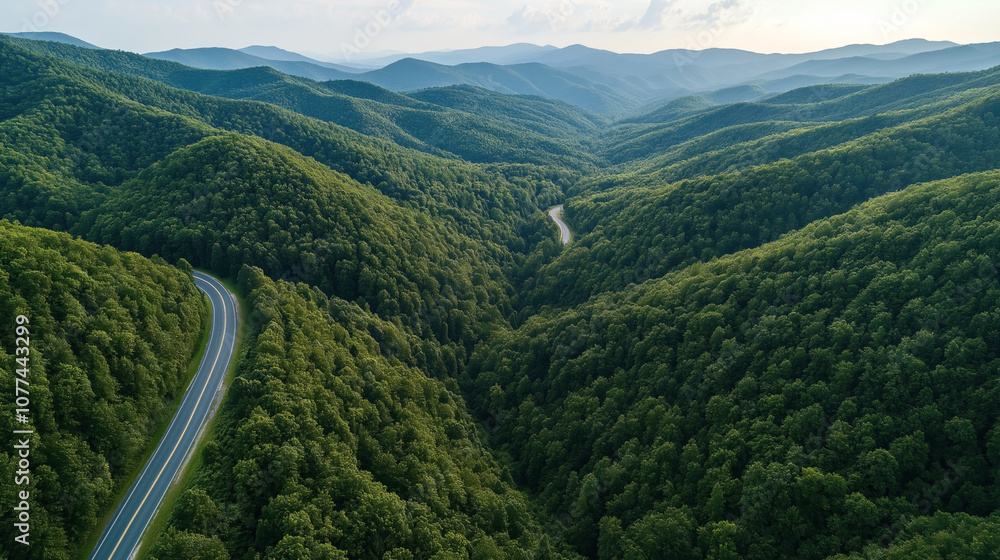 Fototapeta premium Aerial view of winding road cutting through lush green mountainous forest landscape with rolling hills and distant mountains under a cloudy sky during daytime.