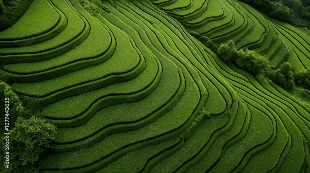 Aerial view of lush green terraced rice fields with curving patterns and dense vegetation on hillsides, showcasing agricultural landscape. Aerial view of lush green terraced rice fields with curving patterns and dense vegetation on hillsides, showcasing agricultural landscape.