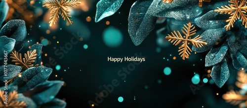 Golden snowflakes and teal leaves on a black background with the words 