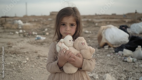 A girl stands in a barren landscape gripping two stuffed animals, her expression serious, amid a backdrop filled with litter and desolation.