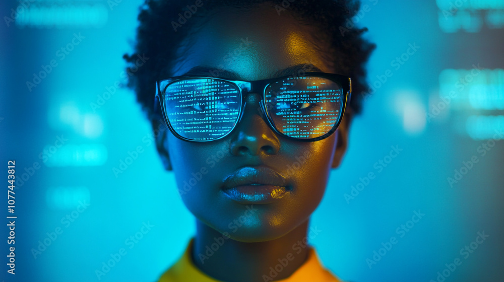 Woman Wearing Glasses Reflecting Code In Blue Neon Light Woman Wearing Glasses Reflecting Code In Blue Neon Light