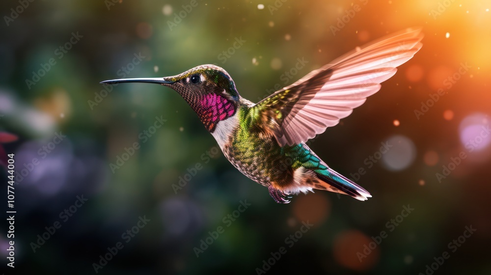 Fototapeta premium Hummingbird in Flight, a Burst of Color Against a Blurred Background