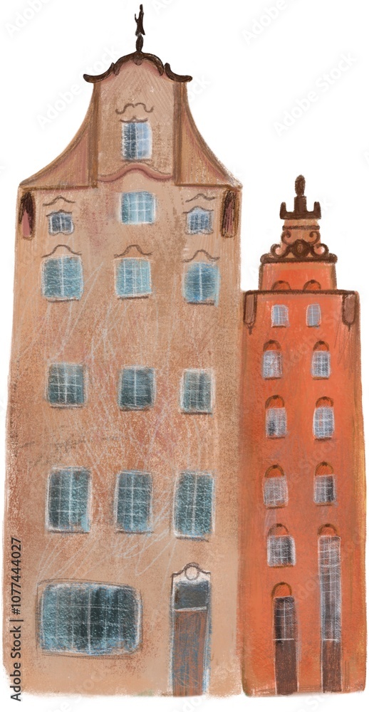 Fototapeta premium Old town houses in Gdansk, Europe, cozy street with houses, old style, flat illustration