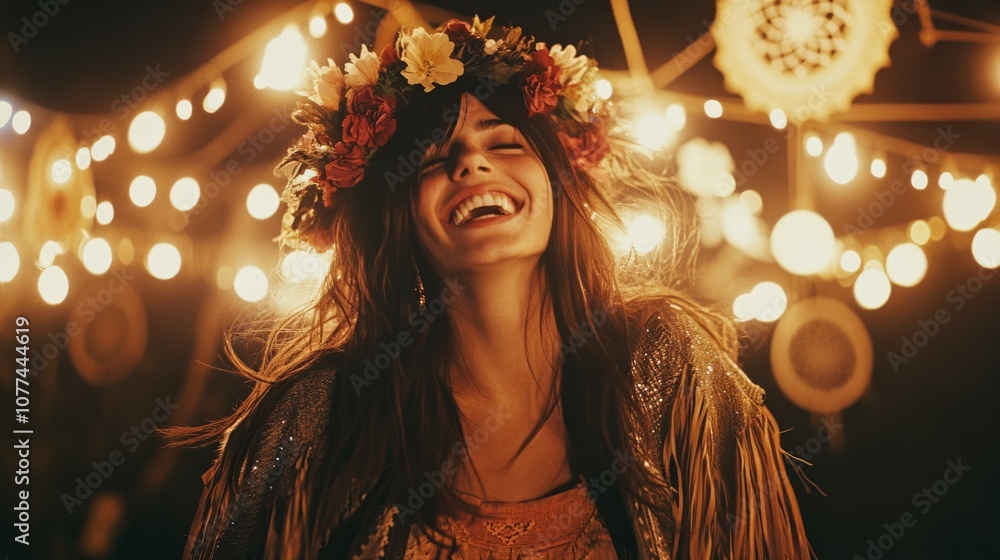 Fototapeta premium A woman adorned with a floral crown laughs freely under string lights, exuding warmth and joy in a whimsical, bohemian setting.