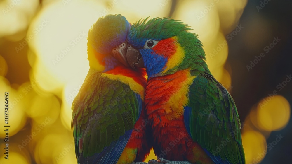 Obraz premium Two colorful parrots embrace tenderly against a glowing sunset, showcasing a theme of love and togetherness in nature.