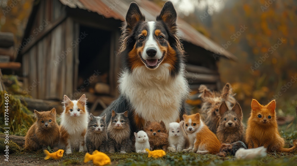 A large dog sits in front of a wooden cabin with a group of kittens and puppies. A large dog sits in front of a wooden cabin with a group of kittens and puppies.