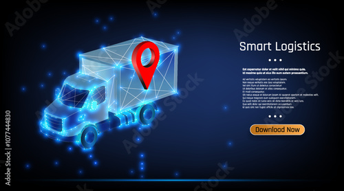 Conceptual illustration of smart logistics with a digital truck and location pin amidst glowing technology background.