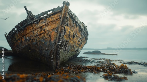 An abandoned, barnacle-covered ship tilted on a serene beach, amid green seaweed, conjuring imagery of forgotten voyages. photo