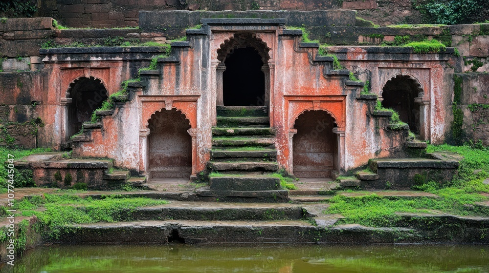 Fototapeta premium Ancient stepped well with arched entrances and a reflecting pool in front.