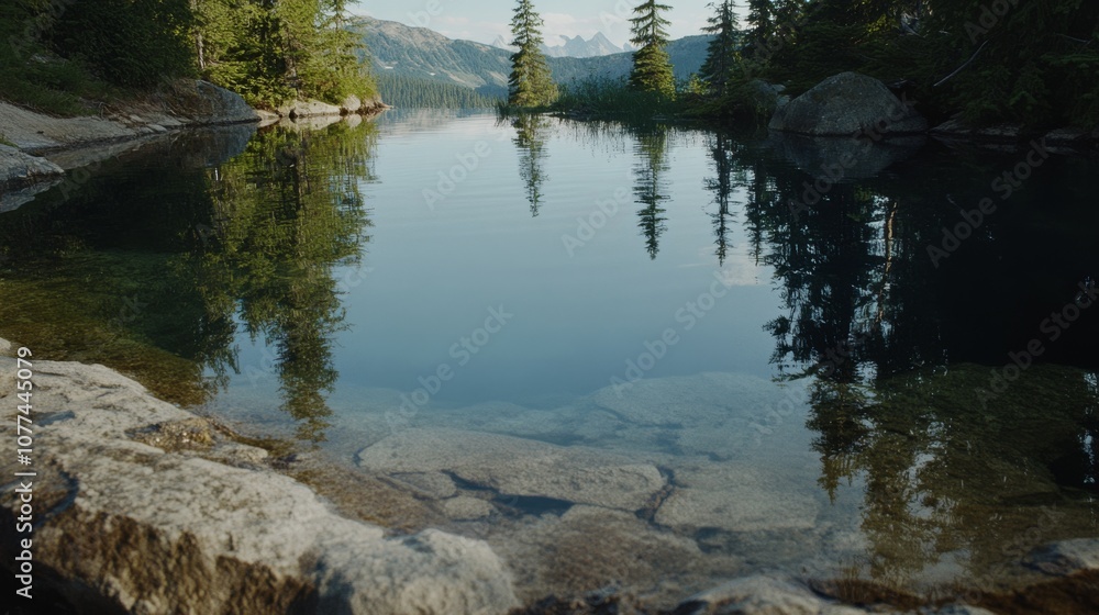 A serene woodland lake offers an unspoiled mirror-like surface, edged by rocky shores and dense evergreens under a blue sky. A serene woodland lake offers an unspoiled mirror-like surface, edged by rocky shores and dense evergreens under a blue sky.
