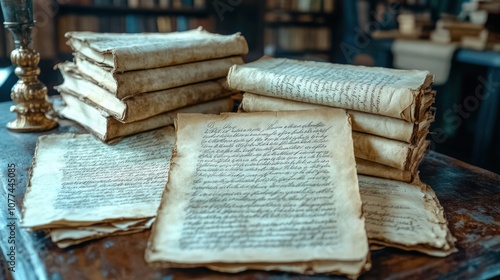 Antique books and papers on a wooden table.