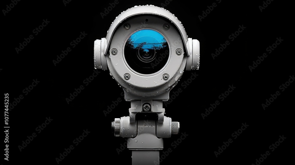 A close-up of a security camera lens with raindrops. A close-up of a security camera lens with raindrops.