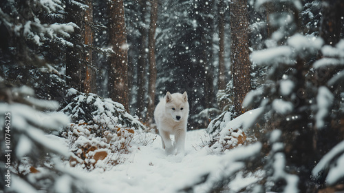 A fluffy Husky pup playing in a snowy forest with pine trees all around showing its energetic and playful nature.