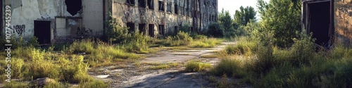 Abandoned buildings overtaken by nature, sunlit path