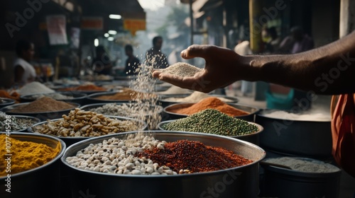 Fototapeta Naklejka Na Ścianę i Meble -  Sunlight filters through a bustling spice market as a hand sprinkles aromatic grains into a pile, surrounded by colorful spices in metal bowls.