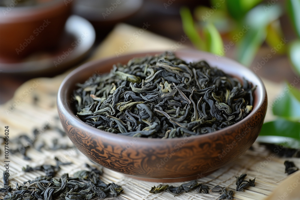 Fototapeta premium Dried Tea Leaves in a Wooden Bowl, Natural Herbal Ingredients for a Healthy Brew