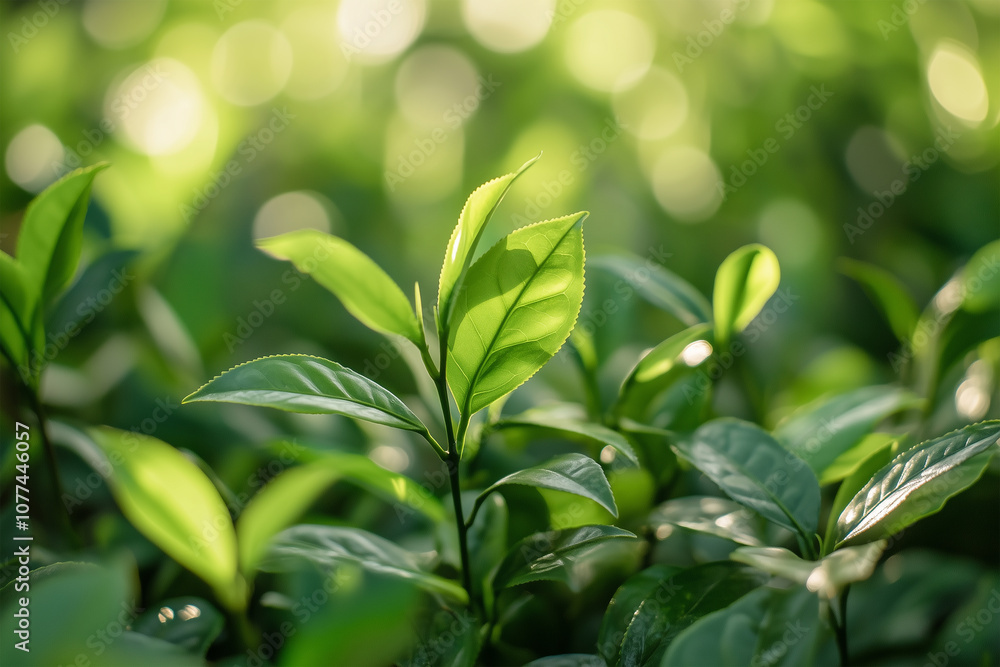 Green Tea on a Picturesque Tea Plantation at Sunrise – Fresh Leaves, Nature, and Wellness Green Tea on a Picturesque Tea Plantation at Sunrise – Fresh Leaves, Nature, and Wellness