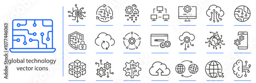 global technology icons, data analytics icon set, network security simple symbols, line vector illustration