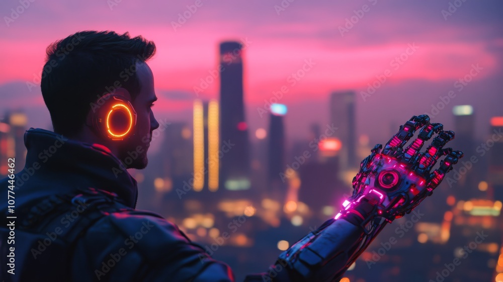 A futuristic cityscape at dusk, a man with a cybernetic arm admires the vibrant skyline, merging technology with imagination. A futuristic cityscape at dusk, a man with a cybernetic arm admires the vibrant skyline, merging technology with imagination.