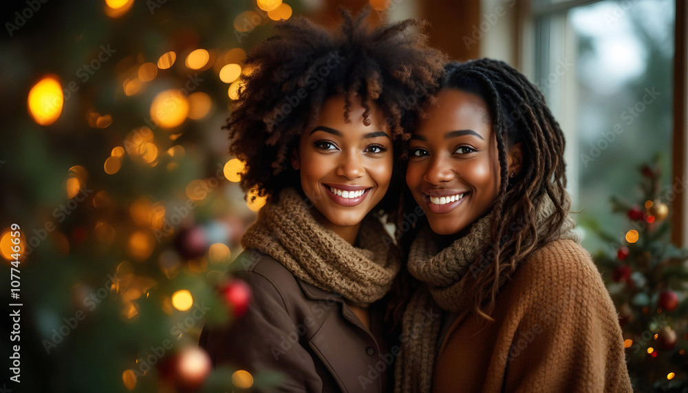 Two young women with natural hairstyles sharing a warm moment during winter holidays, wearing cozy scarves and winter coats against festive Christmas lights background. Two young women with natural hairstyles sharing a warm moment during winter holidays, wearing cozy scarves and winter coats against festive Christmas lights background.