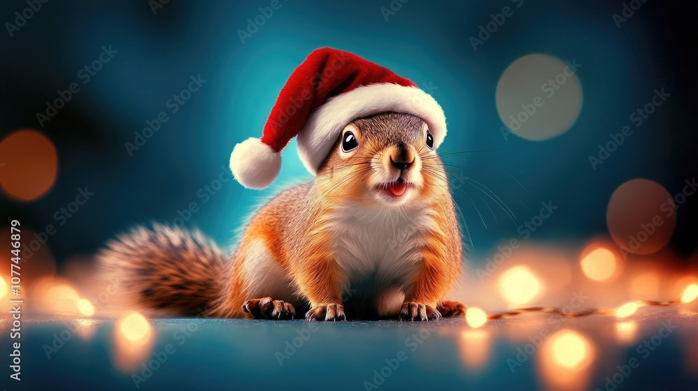 Festive squirrel in santa hat surrounded by twinkling holiday lights Festive squirrel in santa hat surrounded by twinkling holiday lights