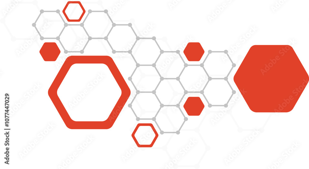 Geometric composition of red and gray hexagons forming dynamic pattern on white background for technological or scientific design, presentations, web sites Geometric composition of red and gray hexagons forming dynamic pattern on white background for technological or scientific design, presentations, web sites