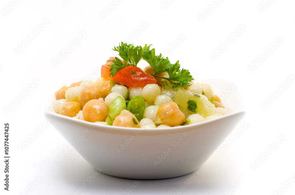 Lebanese Salad with Couscous and Chick Peas on White Background Lebanese Salad with Couscous and Chick Peas on White Background