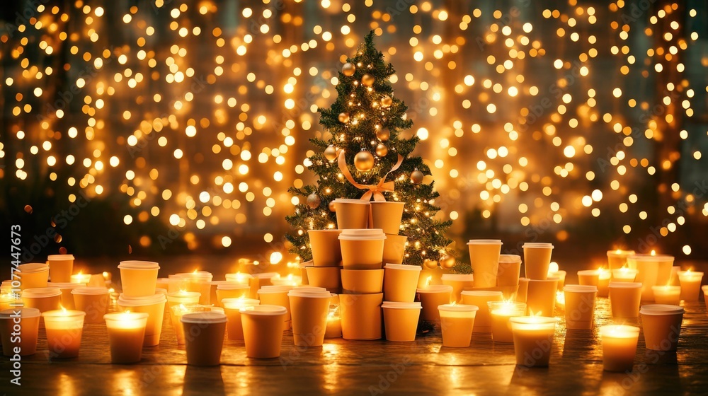 Eco-friendly christmas display with cardboard coffee cups and festive lights Eco-friendly christmas display with cardboard coffee cups and festive lights
