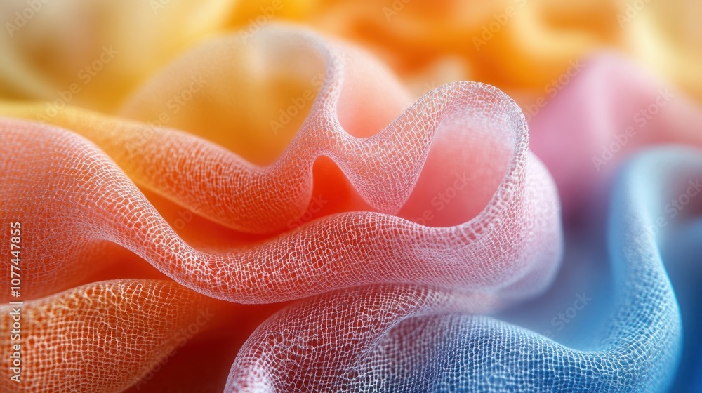 Fototapeta premium Closeup of colorful fabric texture with soft, flowing, and translucent waves.