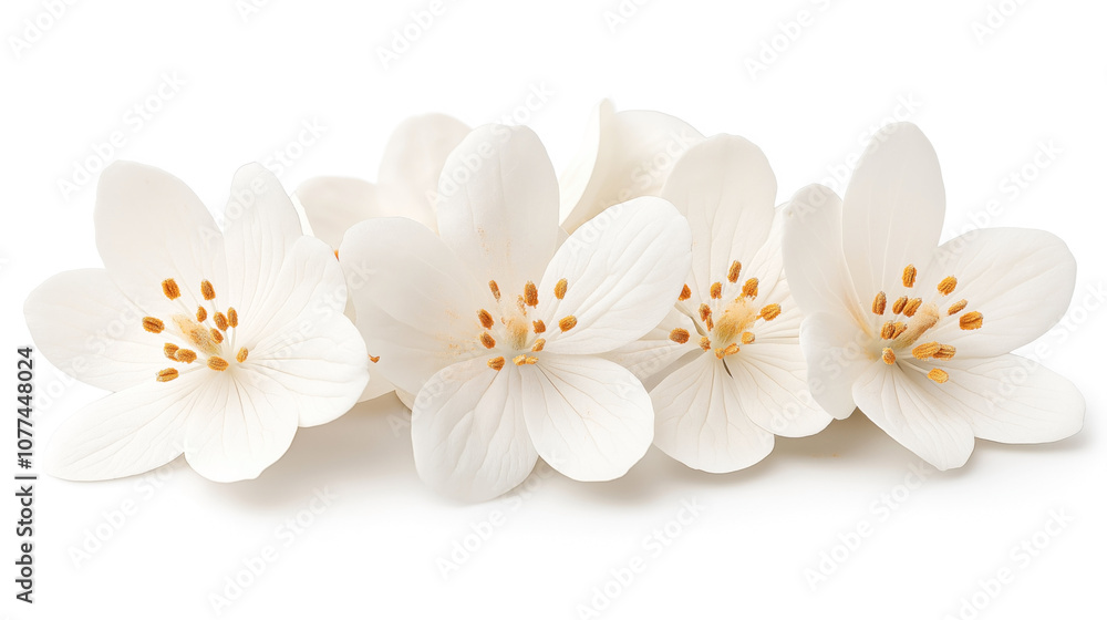 Fototapeta premium Close-up of five white cherry blossoms with orange stamens isolated on a white background.