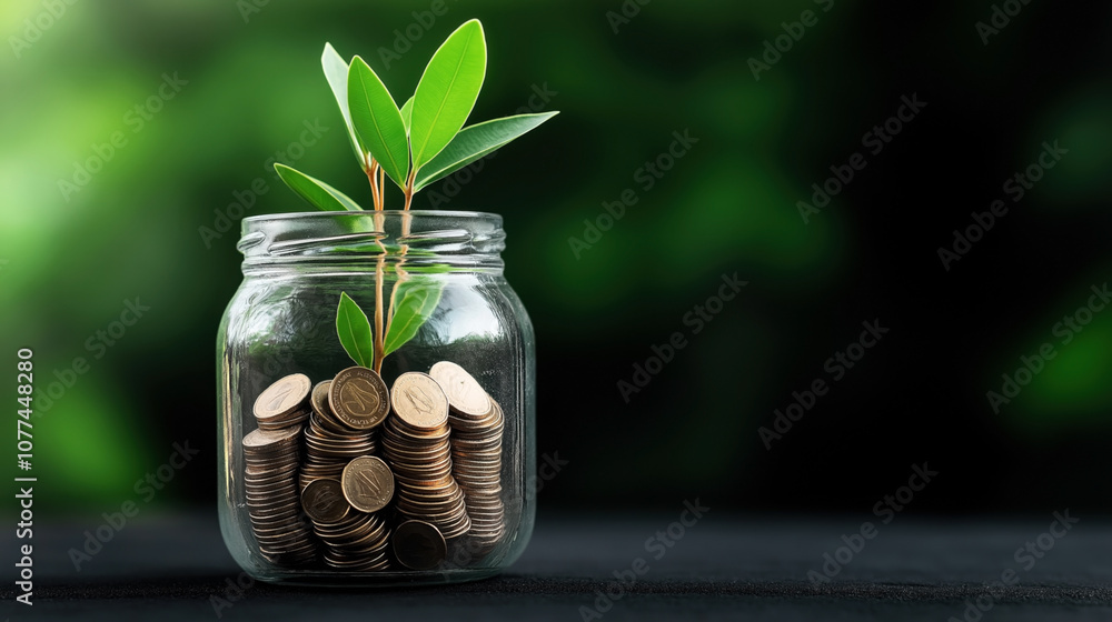 Glass jar filled with coins and a small green plant growing, symbolizing financial growth and investment savings on a blurred green background. Glass jar filled with coins and a small green plant growing, symbolizing financial growth and investment savings on a blurred green background.