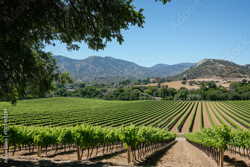 A picturesque vineyard stretches towards rolling hills under a partly cloudy sky, showcasing the lush green vines and scenic agricultural landscape photo