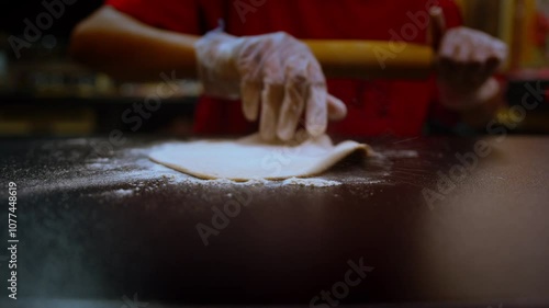 Rolling out dough slow motion in a professional kitchen