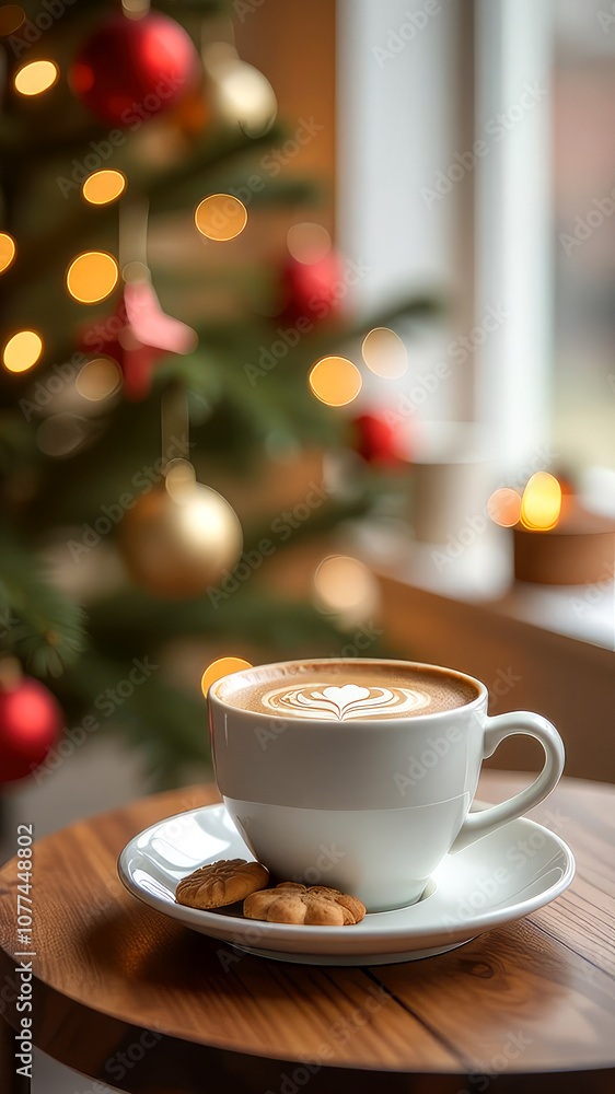 A white cup of coffee with a pattern on milk foam and small shortbread cookies on a wooden coffee table next to a Christmas tree,a harmonious Christmas scene,blurred lights,vertical. Christmas Morning A white cup of coffee with a pattern on milk foam and small shortbread cookies on a wooden coffee table next to a Christmas tree,a harmonious Christmas scene,blurred lights,vertical. Christmas Morning