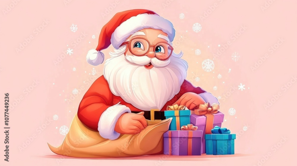 Festive santa claus with gift bag and presents in winter wonderland Festive santa claus with gift bag and presents in winter wonderland