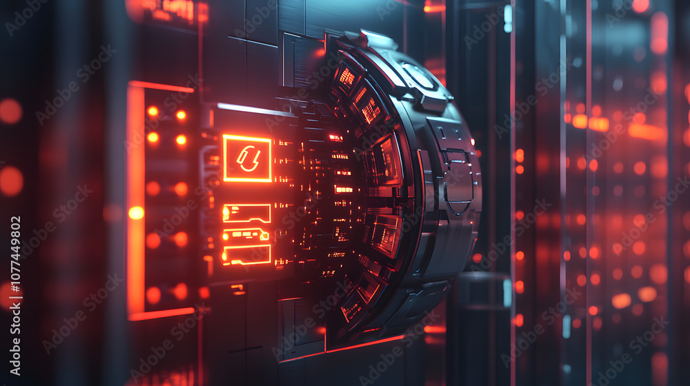 Obraz premium A futuristic digital vault with layers of locks and glowing security icons symbolizing top-level data protection.