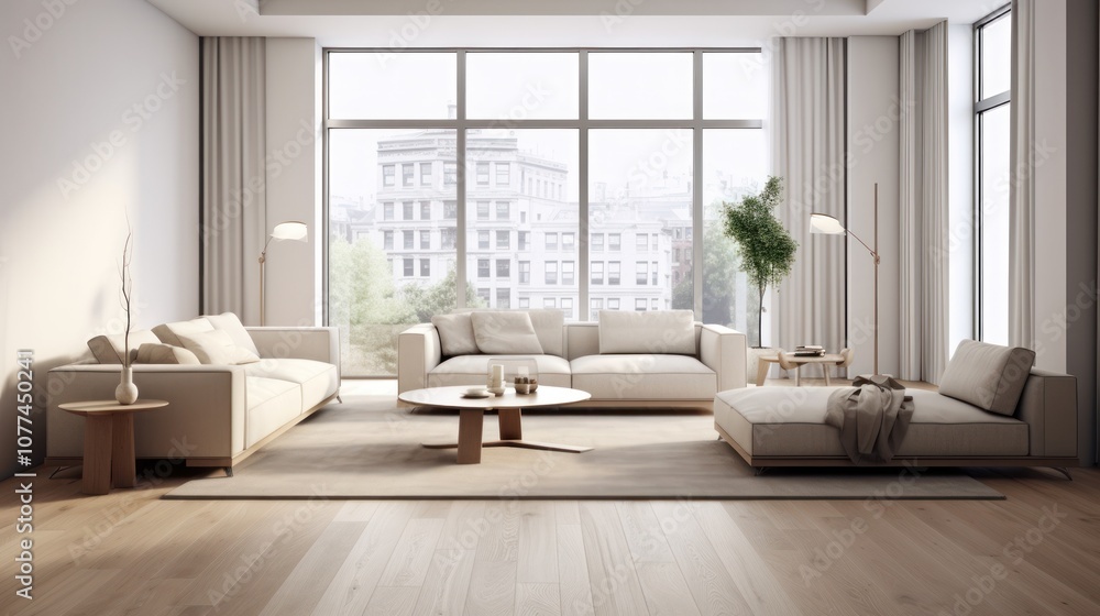 Modern Living Room Interior with City View Modern Living Room Interior with City View
