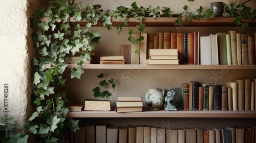 A cozy bookshelf embellished with ivy and books creates a charming literary nook where stories and nature intertwine. photo