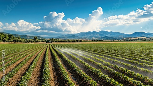 Tractor Spraying Crops in a Farmland with Mountains in the Background