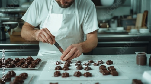 A confectioner skillfully decorates pralines, infusing artistry and flavor into each piece with precision and creativity, reflecting passion. photo