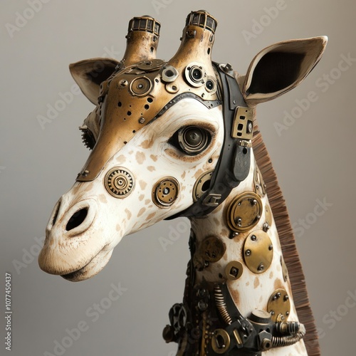 Close-up of a steampunk giraffe head with intricate gears and cogs. photo